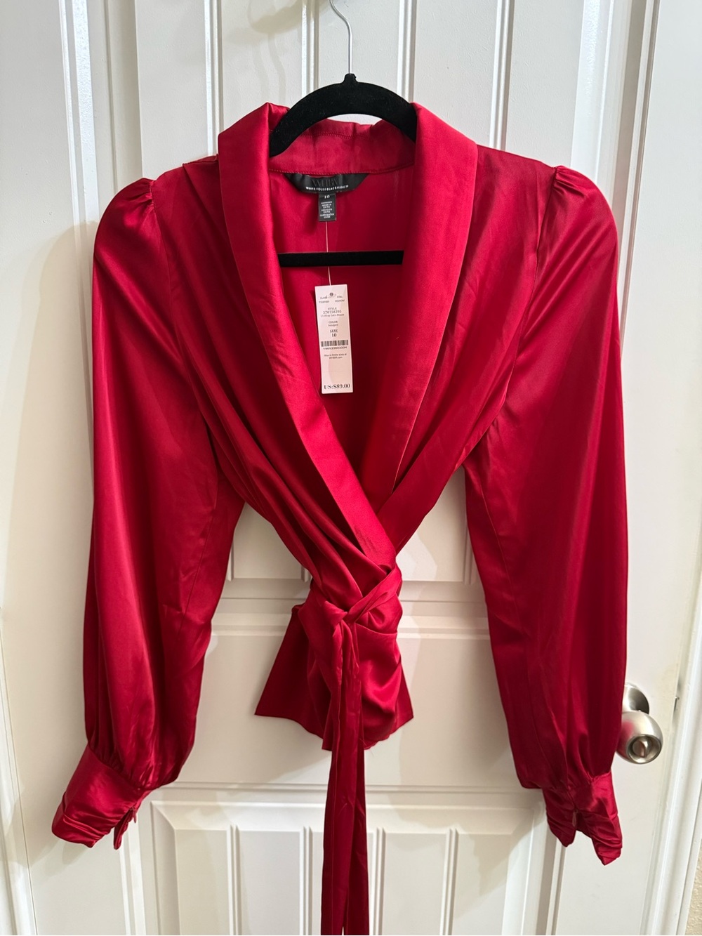 NWT White House Black Market Red Satin Wrap Blouse